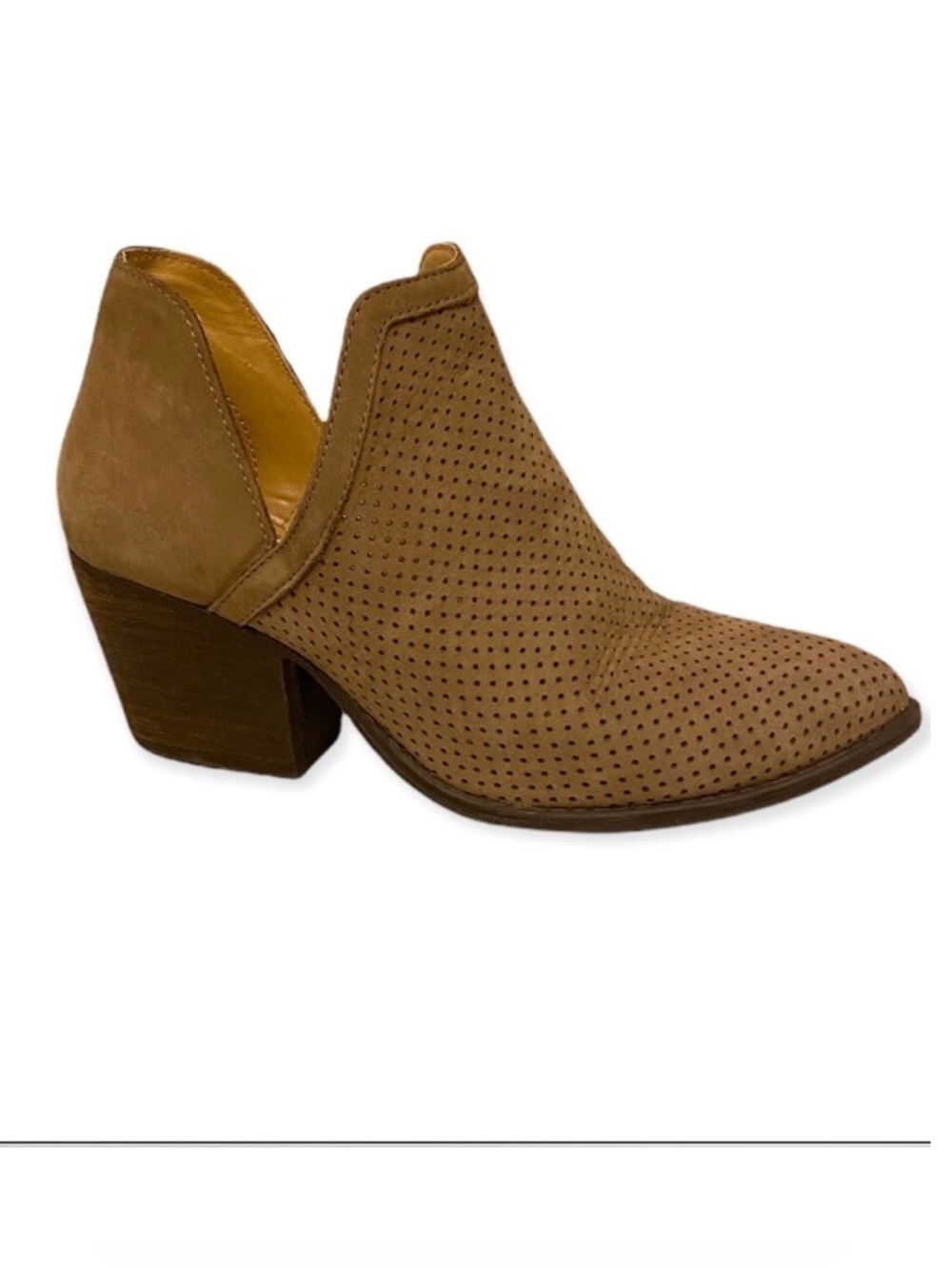 STEVE MADDEN Amerisa Leather Booties Boot Brown Block Heel Sz 8 Taupe Perforated